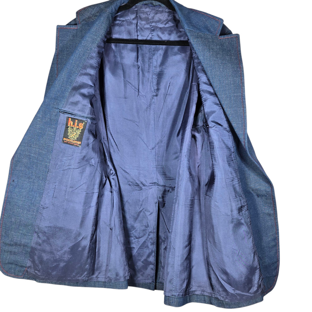 Vintage Denim Sports Coat Men 40 h.i.s. Sportclothes Blue Contrast Red Stitching - Picture 8 of 9